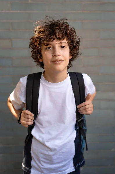 Portrait of a 10 year old schoolboy with backpack on the background of the school wall - concept of back to school for the beginning of the school year