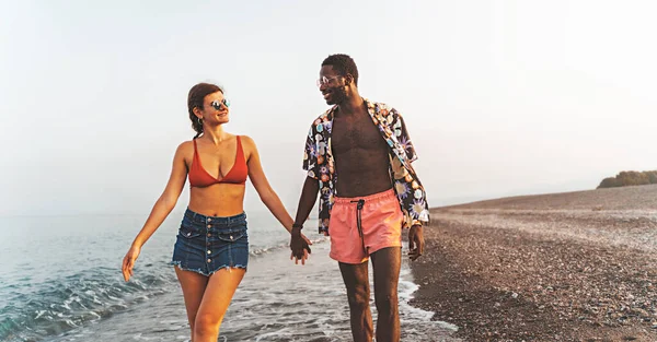 Happy Biracial Engaged Couple Holding Hands Walking Happy Beach — Stok fotoğraf