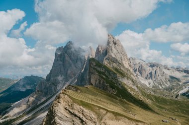 Scenic landscape view of Secede mountain range in South Tyrol, Bolzano, Italy. Popular travel destination in Europe. 