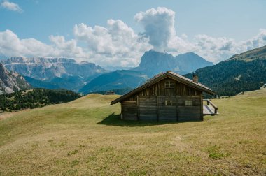Scenic landscape view of Seceda mountain range in South Tyrol, Bolzano, Italy. Popular travel destination in Europe. 