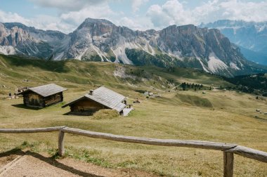 Scenic landscape view of Seceda mountain range in South Tyrol, Bolzano, Italy. Popular travel destination in Europe. 