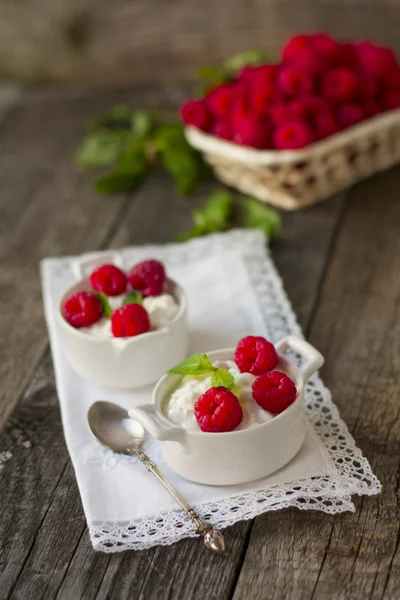 Dessert da fiocchi di latte e lamponi su un tovagliolo bianco — Foto Stock