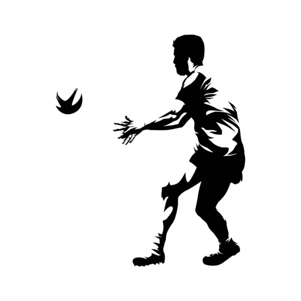 Регбист Бросает Мяч Изолированный Векторный Силуэт Чернильный Рисунок Командный Спорт — стоковый вектор