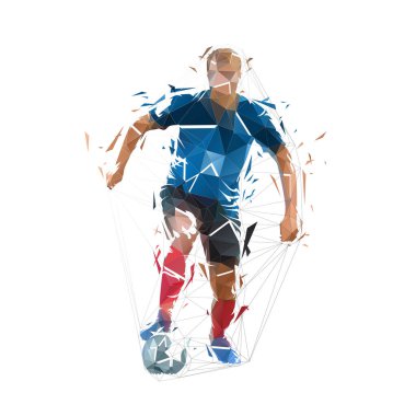 Top ile koşan futbolcu, üçgenlerden izole edilmiş düşük çokgen vektör çizimi, ön görüş. Futbol, takım sporu