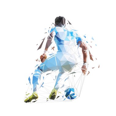 Topu olan futbolcu, izole edilmiş düşük çokgen vektör çizimi