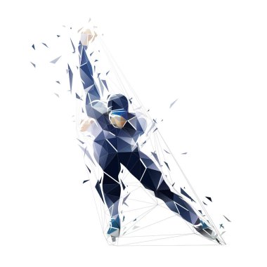 Hız pateni yapan düşük polen logosu, geometrik erkek hız patencisinin ön görüntüsü, üçgenlerden izole edilmiş çokgen vektör çizimi. Kış sporu atleti