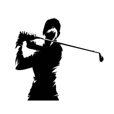 Golf, kadın golfçü logosu, izole vektör silueti, mürekkep çizimi. Golf vuruşu. Genç aktif kadın