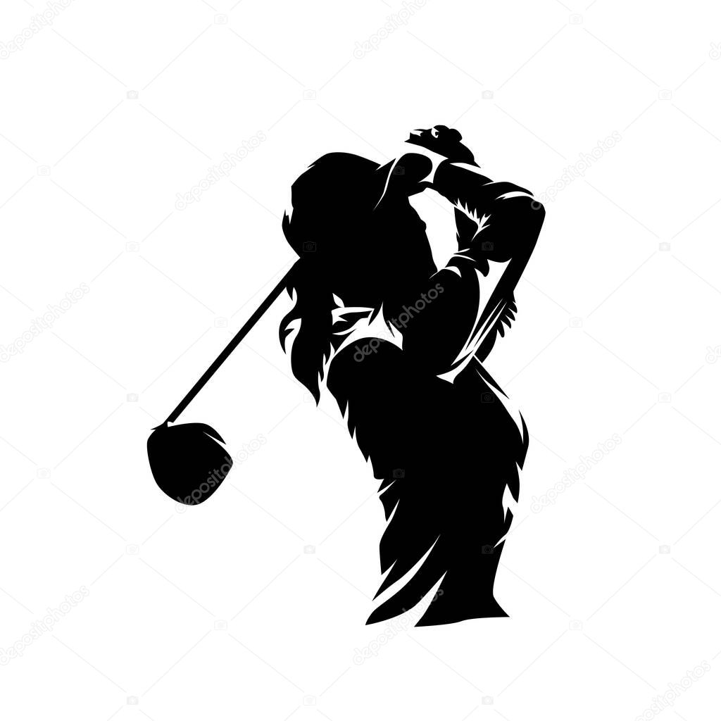 Golf, female golfer logo, isolated vector silhouette, ink drawing. Golf swing. Young active woman