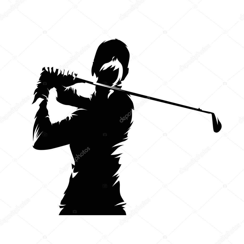Golf, female golfer logo, isolated vector silhouette, ink drawing. Golf swing. Young active woman