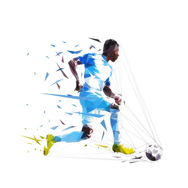 Joueur Football Tire Ballon Marque Isolé Faible Illustration Vectorielle Polygonale — Image vectorielle