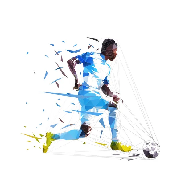 Football Player Shoots Ball Scores Goal Isolated Low Polygonal Vector — стоковый вектор