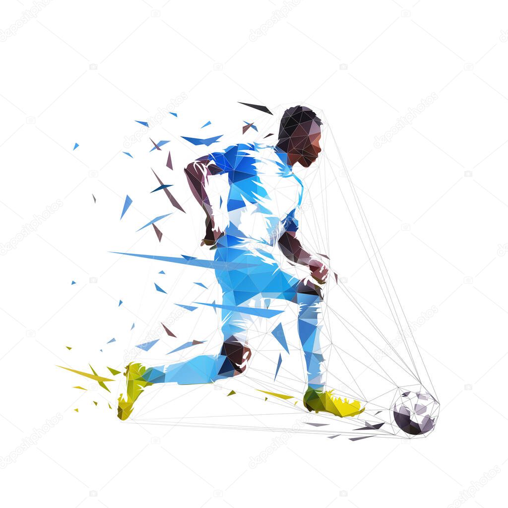 Football player shoots the ball and scores a goal, isolated low polygonal vector illustration from triangles, side view. Soccer, team sport athlete. Footballer logo