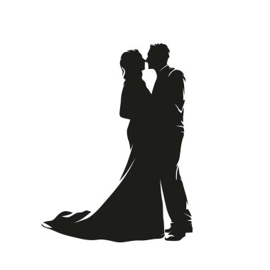Wedding coulpe silhouette. Newlyweds stand facing each other and kiss. Man in a suit and woman in a wedding dress. Isolated vector silhouette, side view