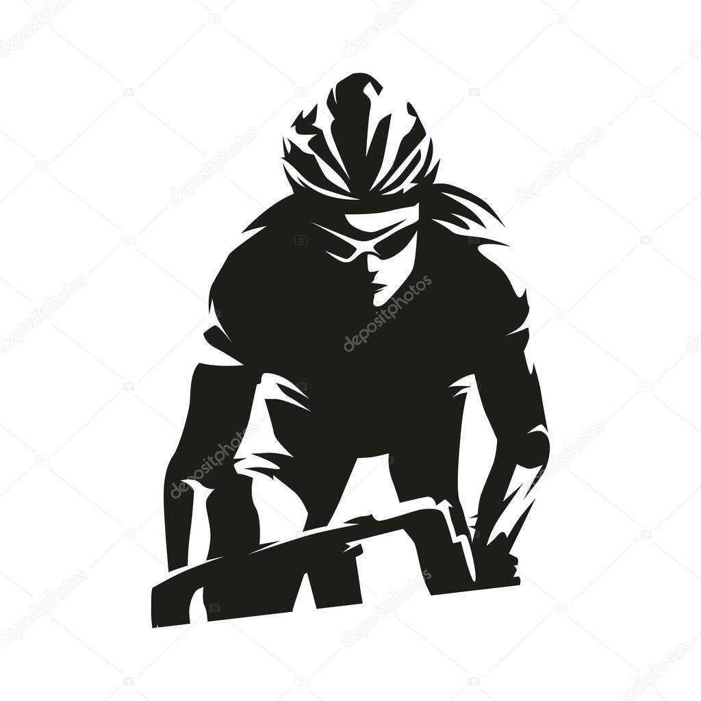 Road cycling, cyclist logo, abstract isolated vector silhouette. front view