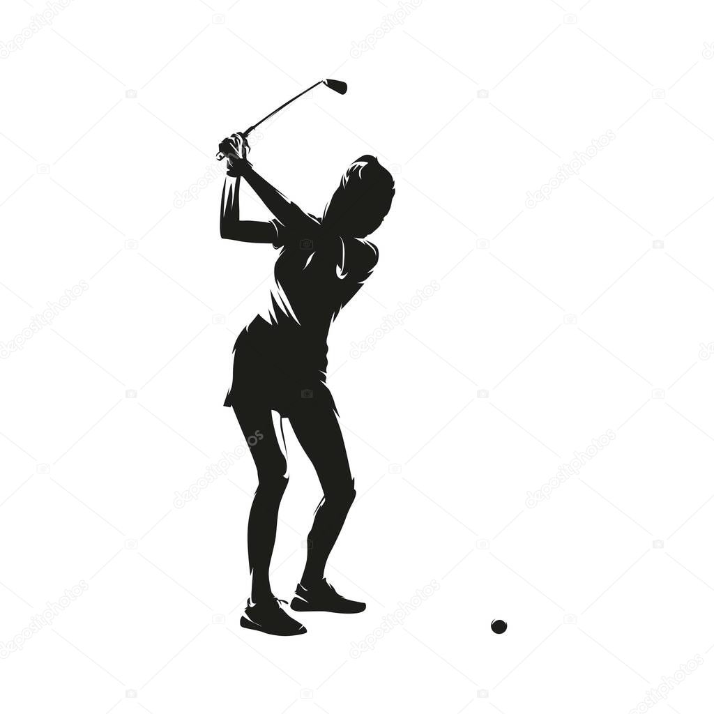 Golf, female golfer, abstract isolated vector silhouette. Golf swing logo