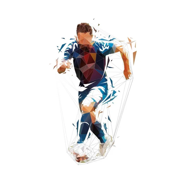 Soccer Player Running Ball Low Poly Vector Illustration Front View — Vector de stock