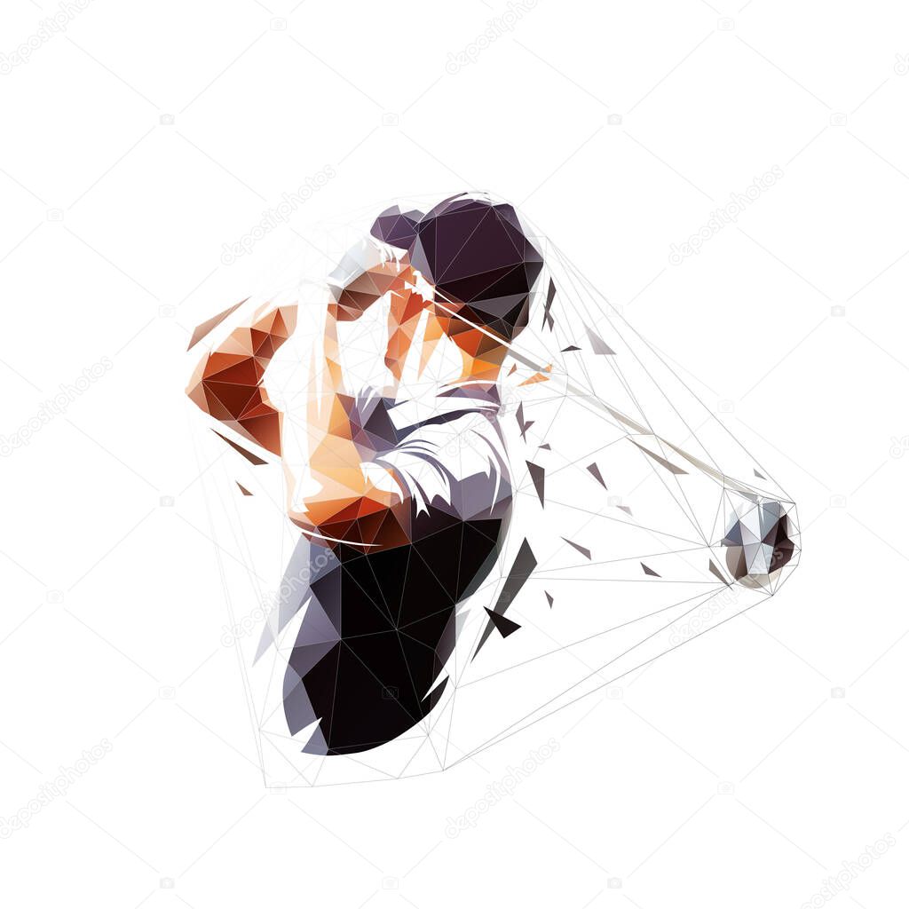Golf player logo, low polygonal isolated vector illustration, geometric drawing from triangles. Golfer portrait