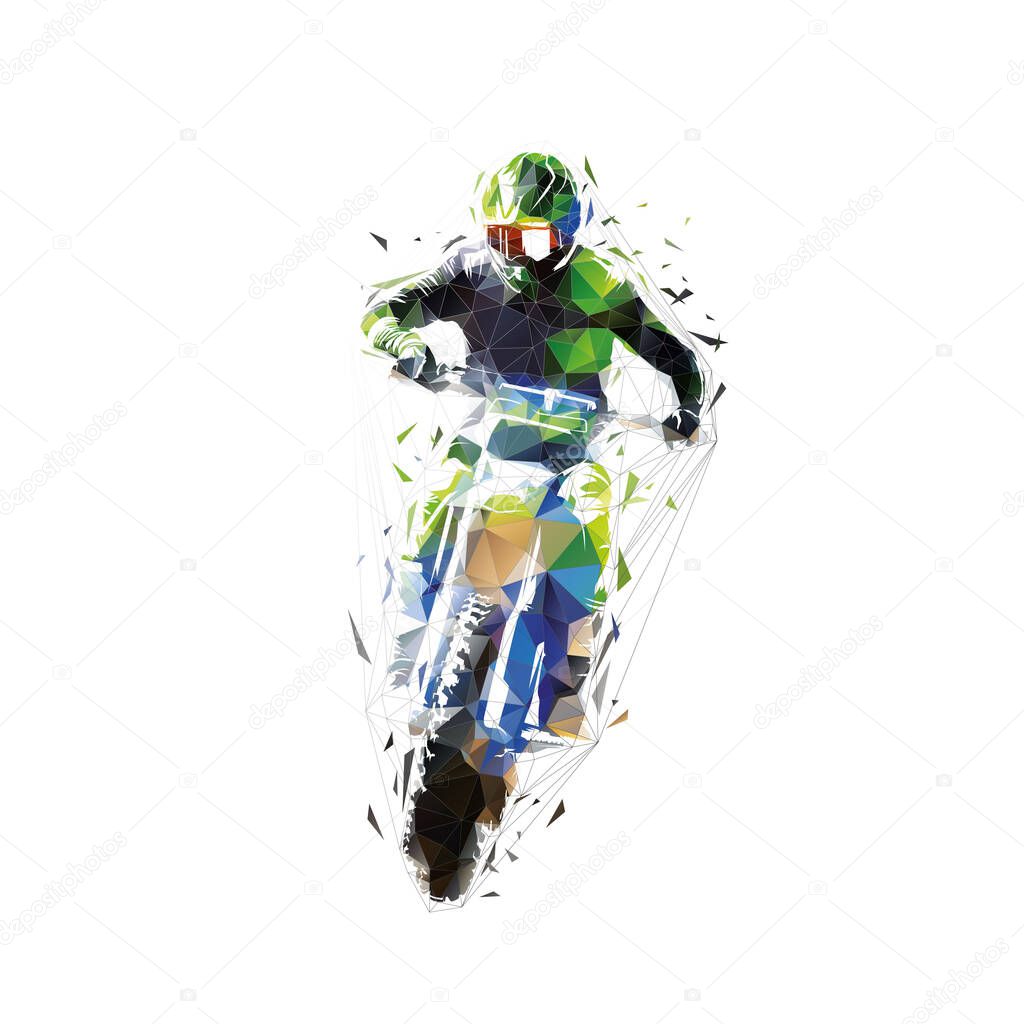 Motocross. Rider jumping on motorcycle, isolated low polygonal vector illustration, front view. Enduro motocross logo, geometric drawing from triangles