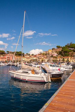 Porto Azzurro, Island of Elba, Italy - 19 September 2021 Colorful cityscape and Harbor of Porto Azzurro 