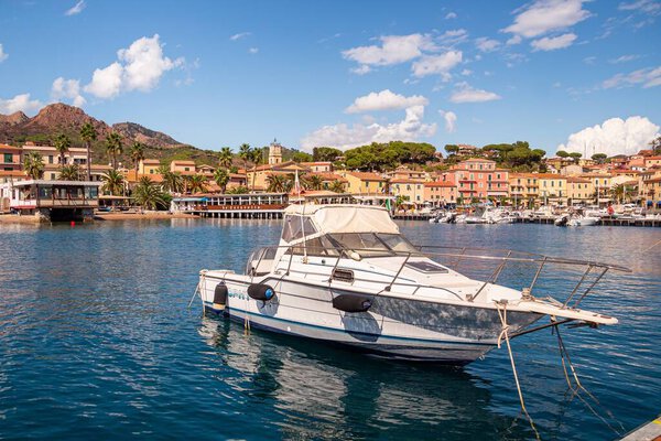 Porto Azzurro, Island of Elba, Italy - 19 September 2021 Colorful cityscape and Harbor of Porto Azzurro 