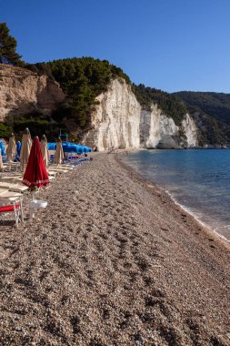 Mattinata, Foggia, Italy 27 June 2021 View over iconic white pebble beach of Vignanotica, Gargano on early morning