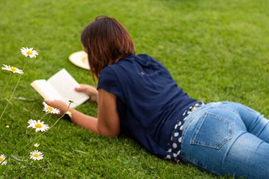 Woman lying on a meadow reading a book in summer