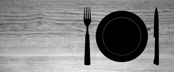 Topview Set Plate Fork Knife Silhouette Gray Table Background — Stock Photo, Image