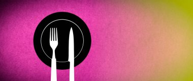 Renkli Arkaplanda Tabak, Çatal ve Bıçak Siluetinin Üst Görünümü