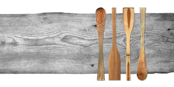 Vrchní Pohled Set Vaření Dřevěné Nádobí Pozadí Stolu — Stock fotografie