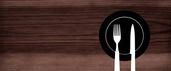 Topview Set Plate Fork Knife Silhouette Dark Table Background — 图库照片