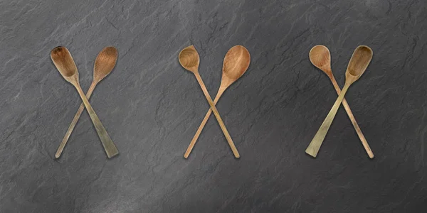 Topview Set Cooking Wooden Spoons Dark Background — Stok fotoğraf