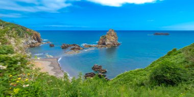 Islote de los Picones, Castiellu Plajı, Cantabrian Denizi, Pendueles, Llanes, Asturias, İspanya, Avrupa