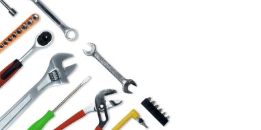 Topview of Different Work Tools on White Background- Stock Photo