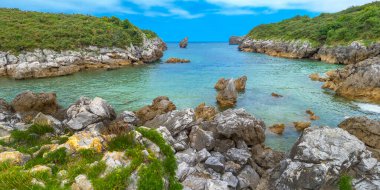 Buelna, Sahil ve Kayalıklar, Cantabrian Denizi, Buelna, Llanes, Asturias, İspanya, Avrupa