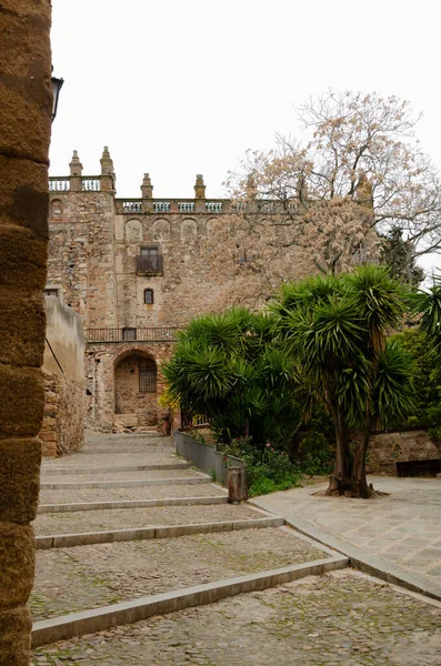 Άποψη Των Μεσαιωνικών Δρόμων Του Παλιού Κέντρου Της Caceres Ισπανία — Φωτογραφία Αρχείου