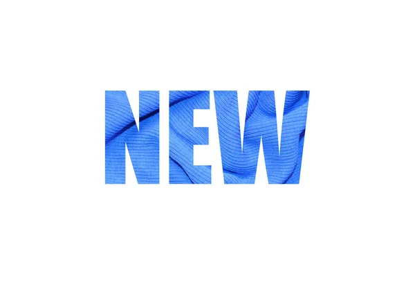Blå textil mönster som bakgrundSkott genom utskuren silhuett av ord NYHET — Stockfoto