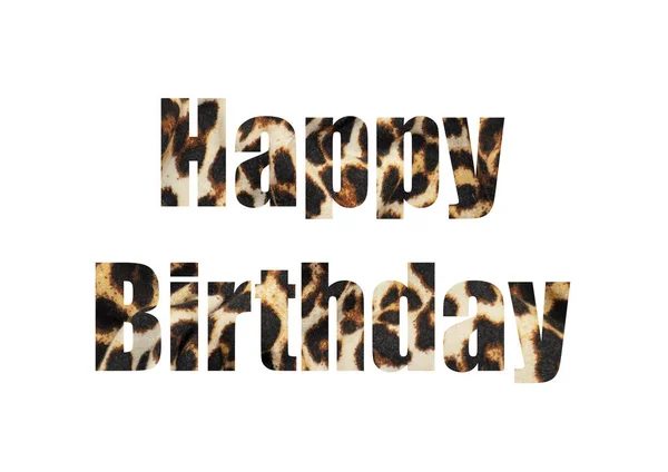 Leopard textilen Hintergrund. Schuss durch ausgeschnittene Silhouette des Wortes BIRTHDAY — Stockfoto