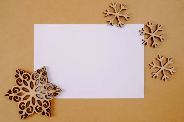Wooden Christmas Snowflakes Background Blank Sheet Craft Paper Place Text — Stock Photo, Image