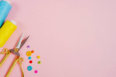 Mavi ve sarı dikiş iplikleri, çok renkli düğmeler, pembe arka planda altın makas. El işçiliği konsepti, giysi tamiri, dikiş nakışı, dikiş aksesuarları satışı.
