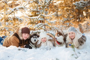 Aile ve winter Park husky köpek gülüyor