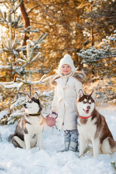 Bella bambina nella foresta invernale con cane — Foto Stock