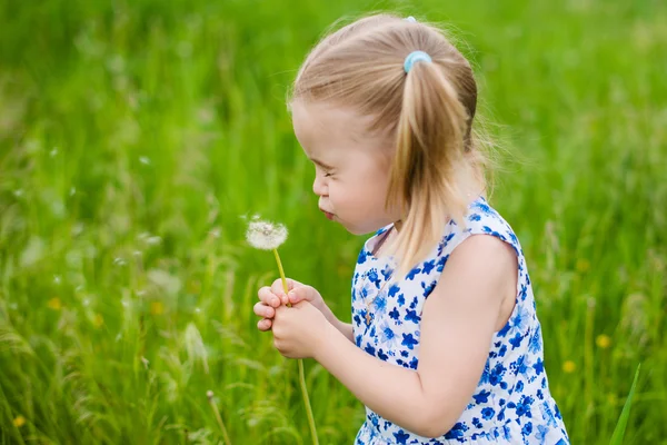 Beautiful child blowing away dandelion flower in spring — Stock Photo, Image