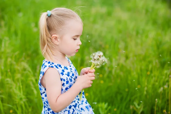 Beautiful child blowing away dandelion flower in spring — Stock Photo, Image