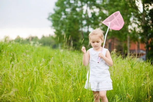 Meisje met vlinder net hebben plezier op het veld — Stockfoto