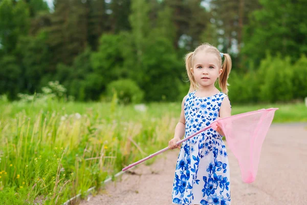 Kleines Mädchen mit Schmetterlingsnetz hat Spaß auf dem Feld — Stockfoto