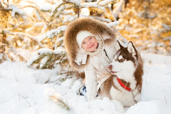 犬と冬の森の美しい少女 ストックフォト