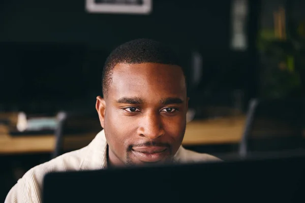 Young Black Male Advertising Marketing Design Creative Modern Office Sitting — ストック写真