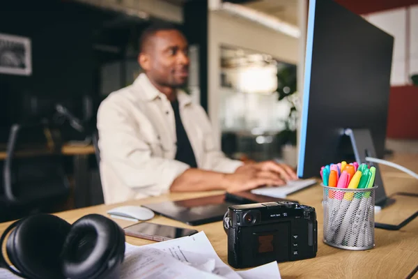 Young Black Male Advertising Marketing Design Creative Modern Office Sitting — Stok fotoğraf