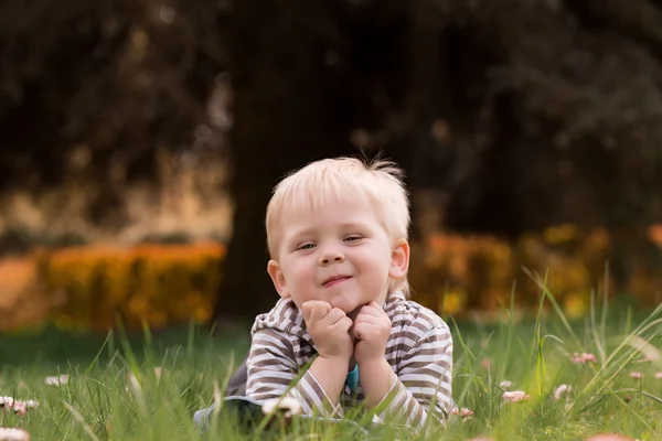 Ragazzino, sdraiato nel parco, a giocare con margherita sull'erba — Foto Stock