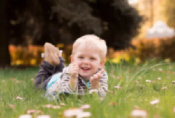 Kleiner Junge, im Park liegend, mit Gänseblümchen im Gras spielend — Stockfoto